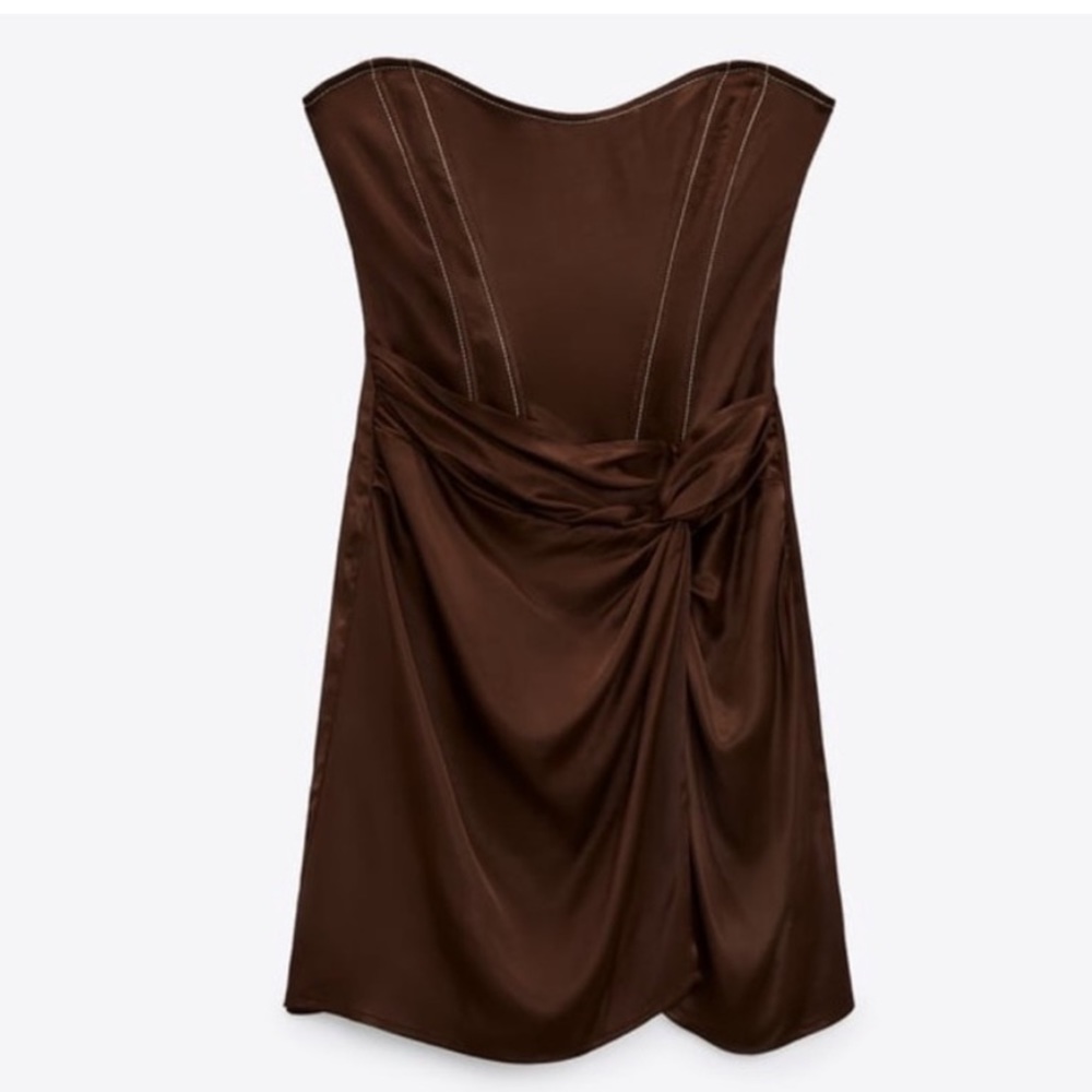 Zara brown satin strapless topstitched draped mini dress with ruched bottom